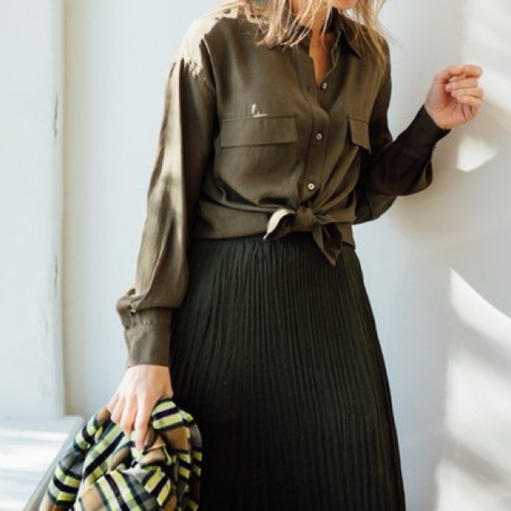 Vince Boxy Utility Button Down Shirt Olive Oil Green Triacetate Minimal